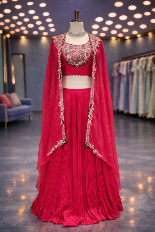 Vibrant Hot Pink Draped Indo-Western Lehenga with Zardozi & Resham Embroidery