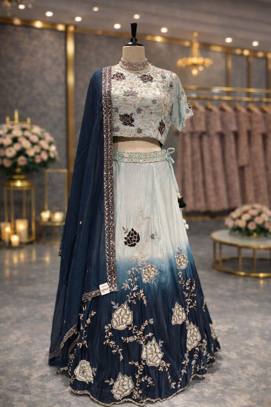 Ombre Blue Silk Indo-Western Lehenga with Hand-Embroidered Blouse & Dupatta