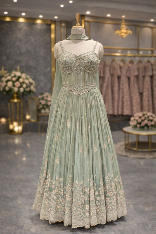 Mint Green Corset Style Indo-Western Gown with Pearl & Kardana Embellishment