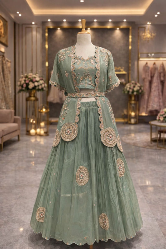 Mint Green Indo-Western Lehenga with Embroidered Jacket & Hand Gota Zardozi Work