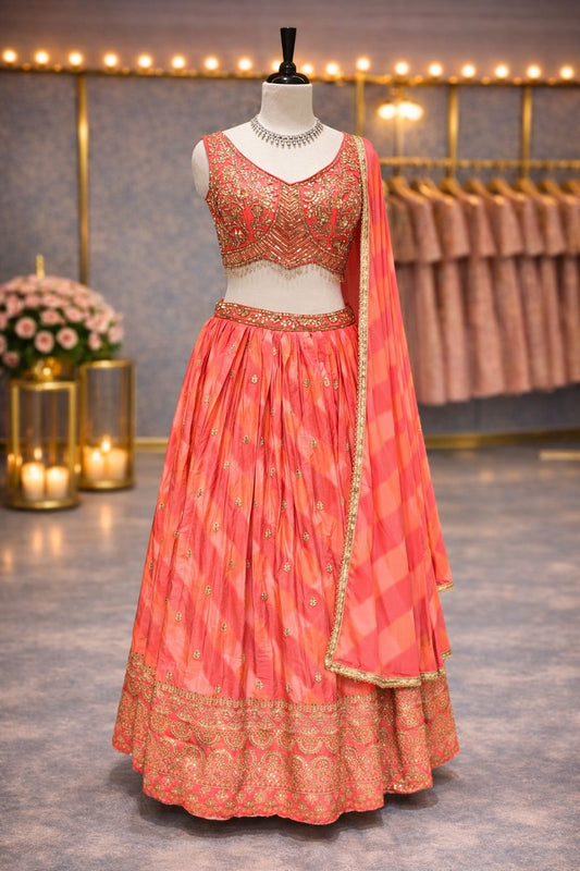 Graceful Orange & Pink Silk Lehenga with Traditional Kasab Zari Work