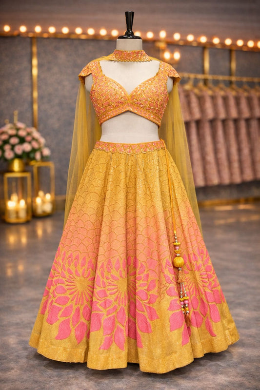 Radiant Yellow & Pink Lehenga with All-Over Sequin Shine