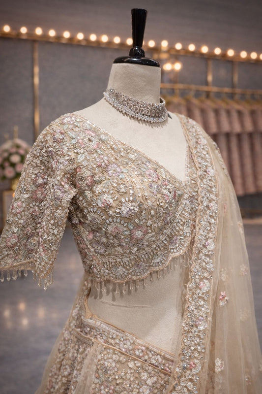 Elegant Beige Golden Lehenga with Resham & Kasab Zari Detailing