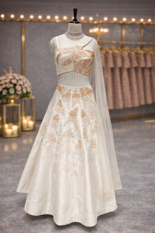 Ivory Raw Silk Indo-Western Lehenga with One-Shoulder Sequin Blouse
