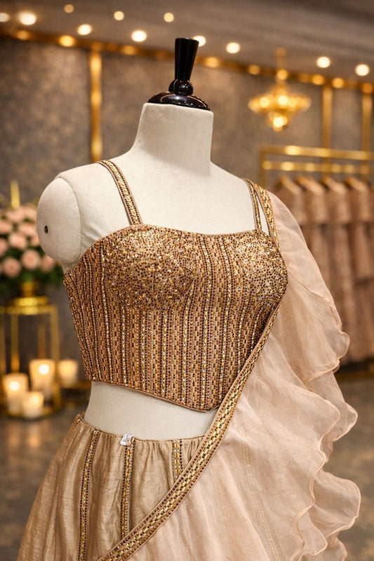 Beige Golden Kosa Silk Indo-Western Lehenga with Beaded Corset Blouse & Ruffle Drape