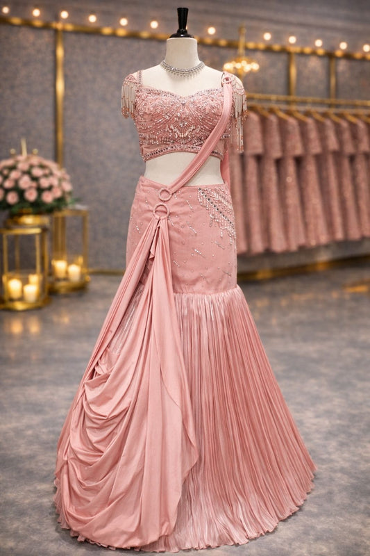 Fuchsia Pink Indo-Western Drape Lehenga with Embellished Corset Blouse