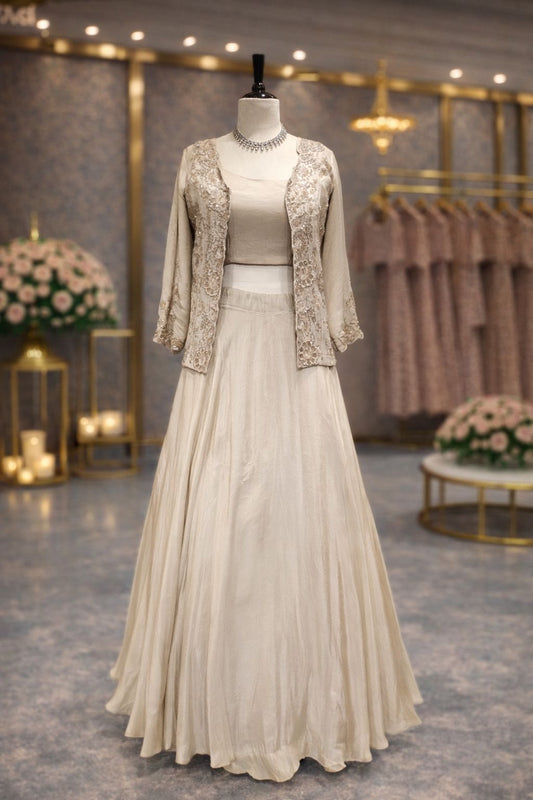 Elegant Silver-Tone Indo-Western Lehenga with Handworked Jacket