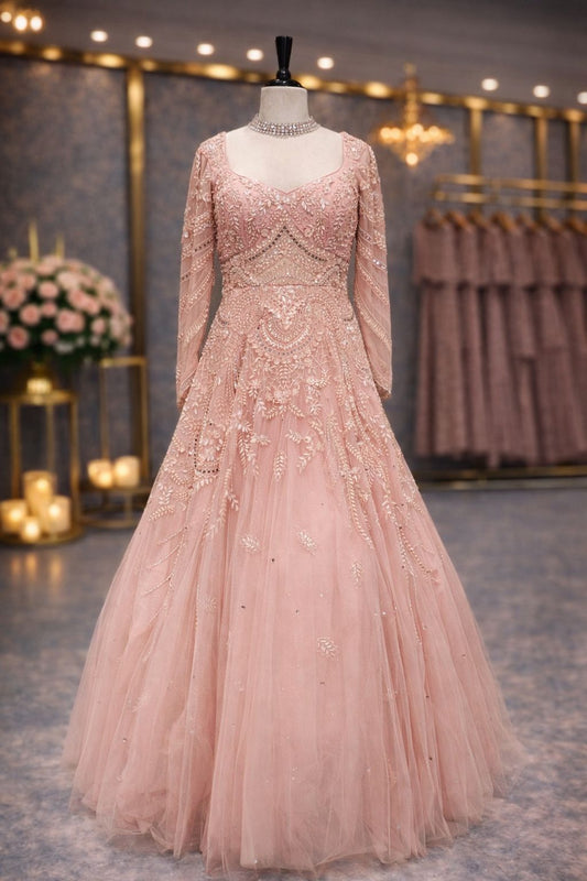 Heavy Designer Peach Gown with Pearl & Mirror Knot Work