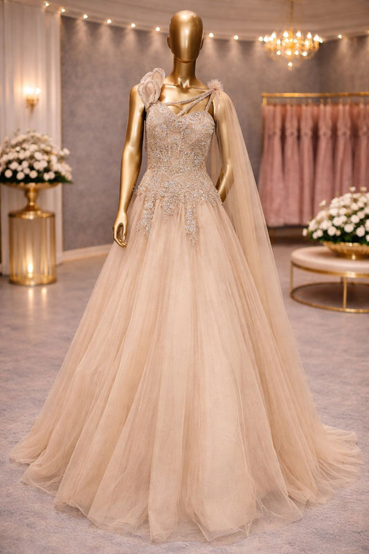 Light Beige Golden Indo-Western Embellished Net Gown with Bead & Zircon Work