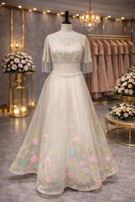 Elegant White Organza Lehenga with Multicolor Floral Patchwork Embroidery