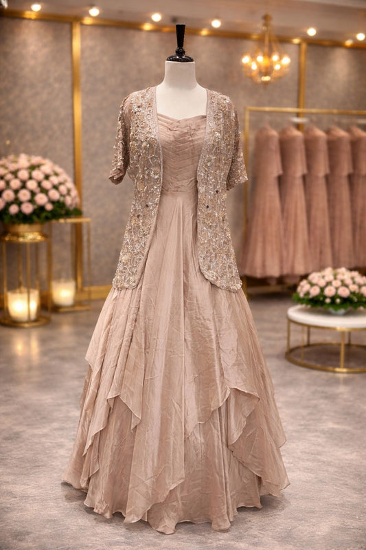 Rose Gold Indo-Western Layered Gown with Sequin & Kardana Embroidered Jacket