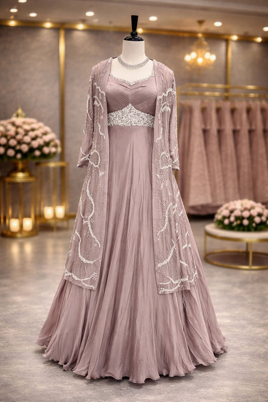 Rose Gold Indo-Western Gown with Embroidered Jacket and Kardana Sequin Work