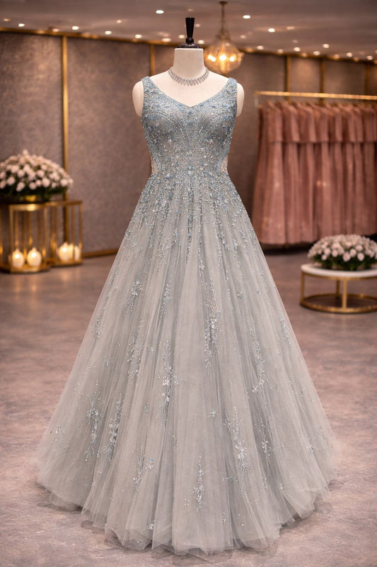 Ice Blue Dream Elegant Net Gown with Applique Detailing