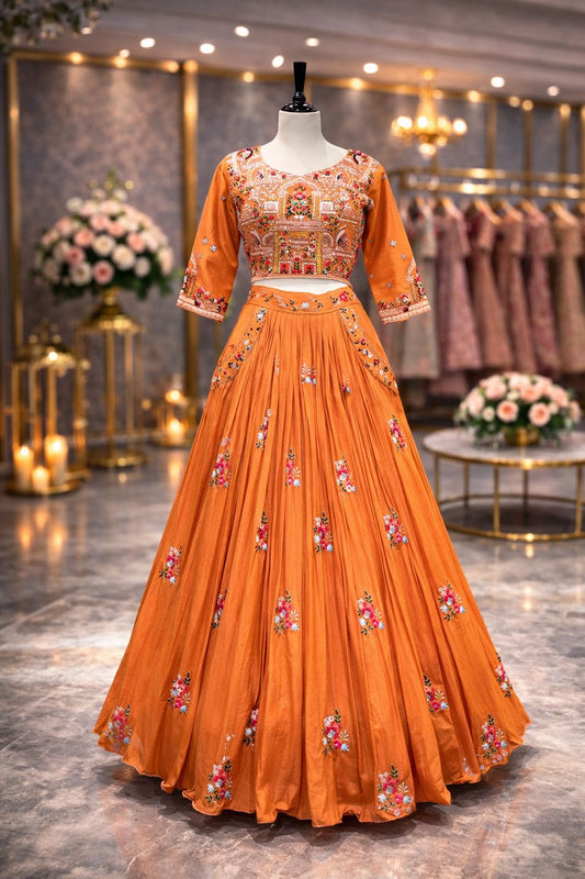 Orange Indo-Western Resham Embroidered Lehenga Set with Heritage Motif Blouse