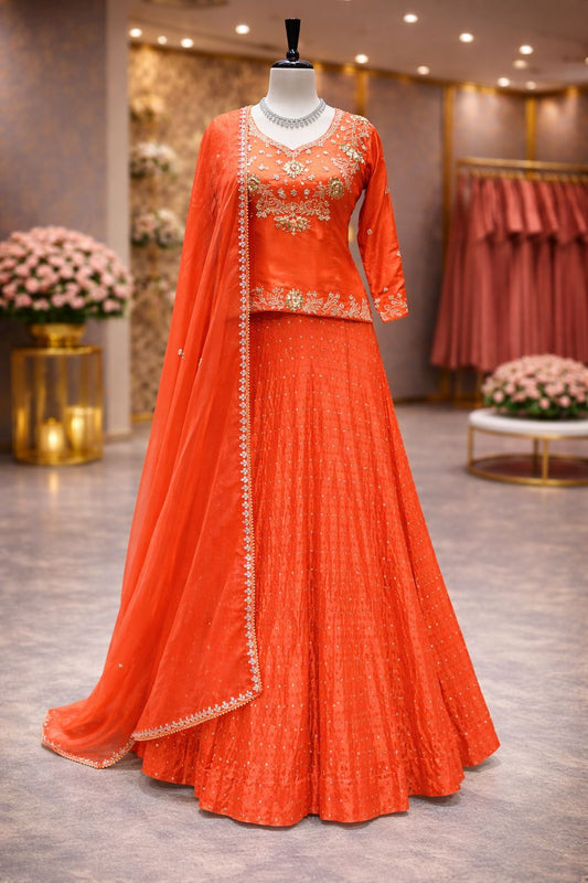 Festive Orange Indo-Western Banarasi Skirt Set with Sequin & Dori Embroidery