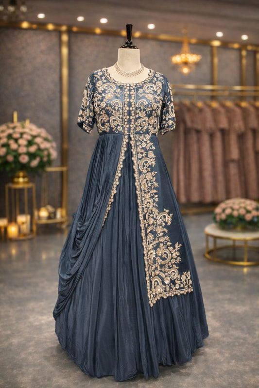 Dark Grey Embroidered Indo-Western Gown with Handcrafted Sequin & Pearl Work