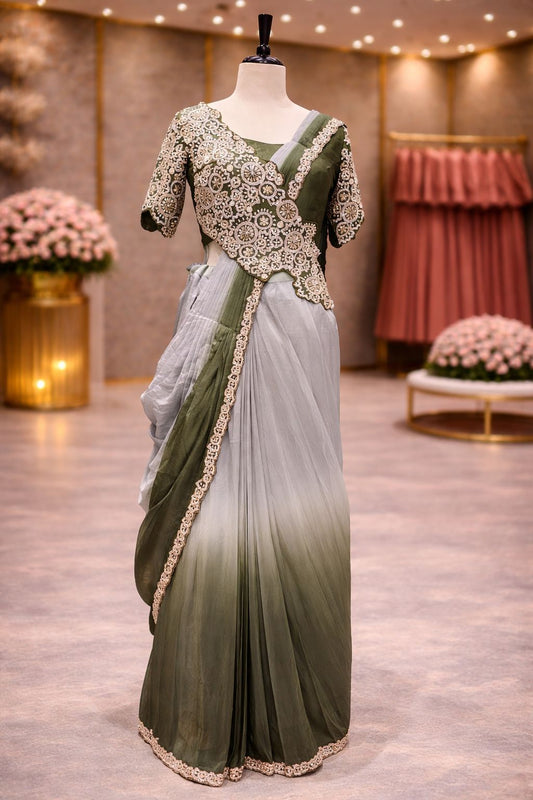 Grey & Olive Green Draped Indo-Western Saree with Beaded Sequin Embroidered Blouse