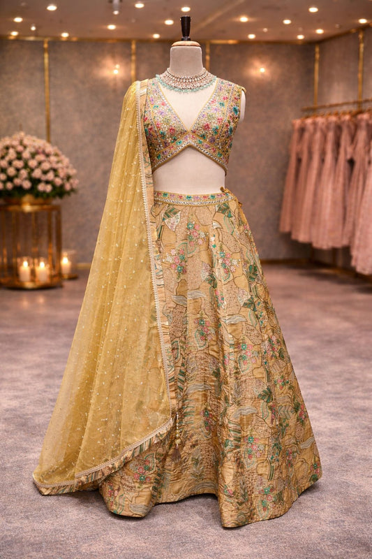 Sunlit Yellow Banarasi Lehenga with Colorful Resham Embroidered Blouse