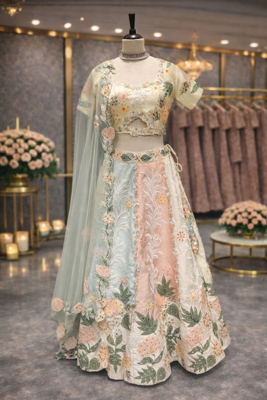 Pastel Garden Lehenga with Silver Bead Detailing & Applique Floral Design