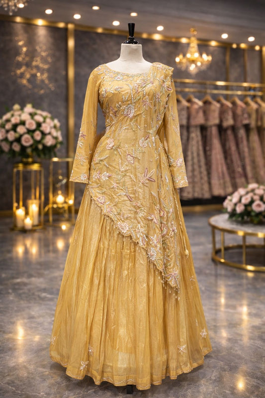 Lemon Yellow Draped Indo-Western Gown with Multicolor Bead & Sequin Embroidery