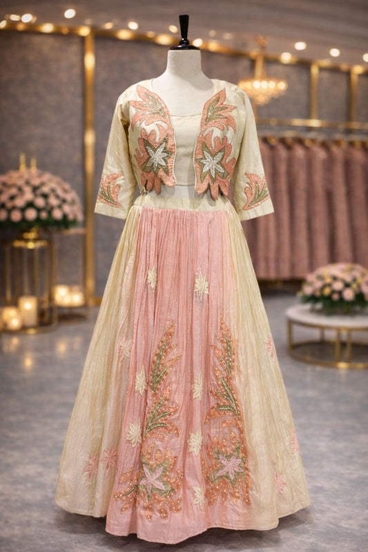 Ivory & Baby Pink Indo-Western Lehenga with Zardozi Patchwork Jacket