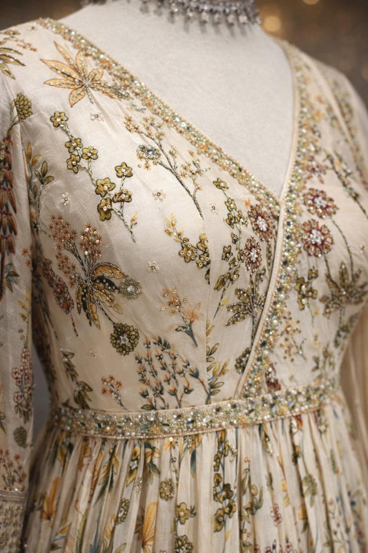 Elegant Ivory Cream Mirror & Kardana Embellished Festive Suit