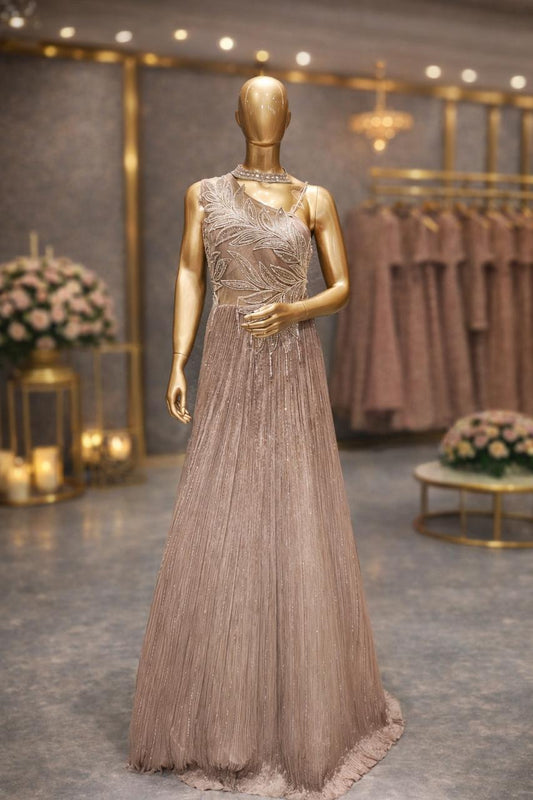 Rose Gold Beaded & Silver Kardana Cocktail Evening Gown