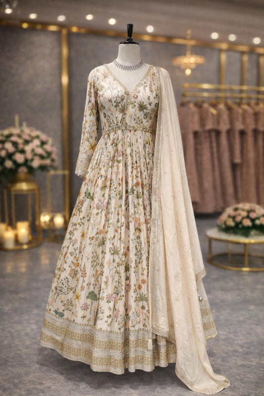Elegant Ivory Cream Mirror & Kardana Embellished Festive Suit