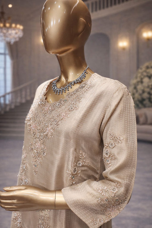 Beige Golden & Olive Green Sharara Set with Hand Kardana, Sequin and Zardozi Work