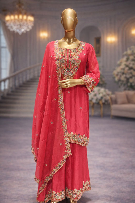 Royal Gajri Pink Crepe Silk Sharara Set with Rashem & Kardana Hand Embroidery