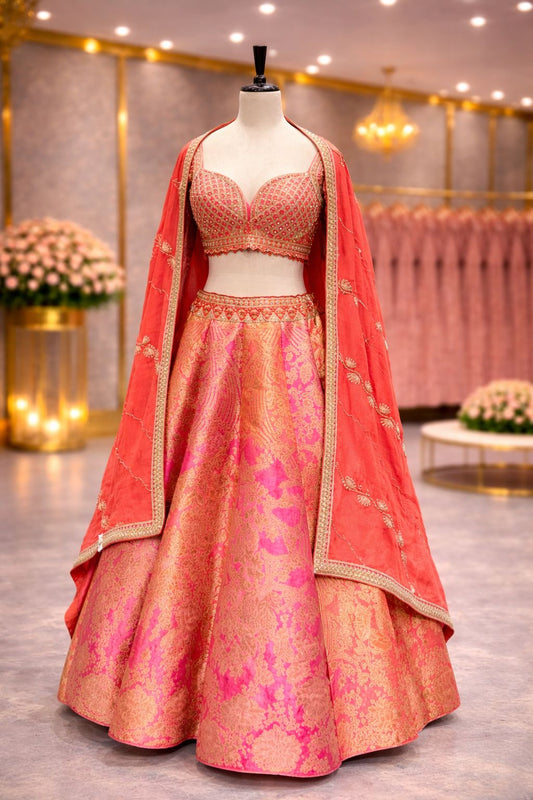 Vibrant Red-Orange Bridal Lehenga with Banarasi Weave & Mirror Dori Work Blouse