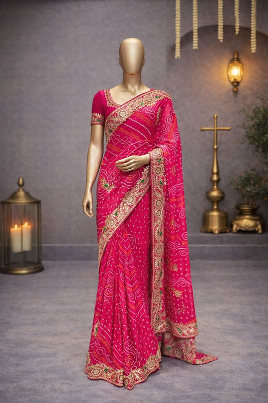 Elegant Pink Bandhej Saree with Gotta Patti, Kundan & Zardozi Work