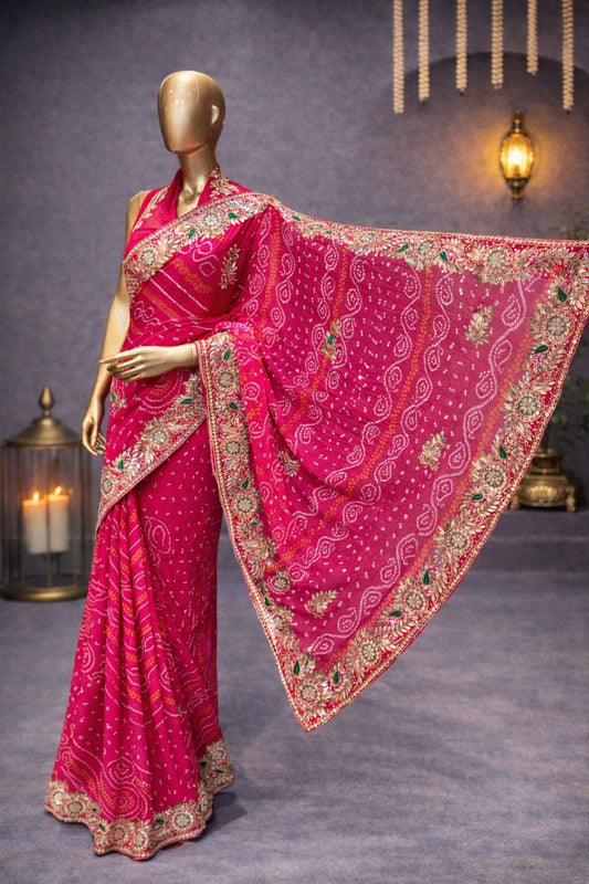 Elegant Pink Bandhej Saree with Gotta Patti, Kundan & Zardozi Work