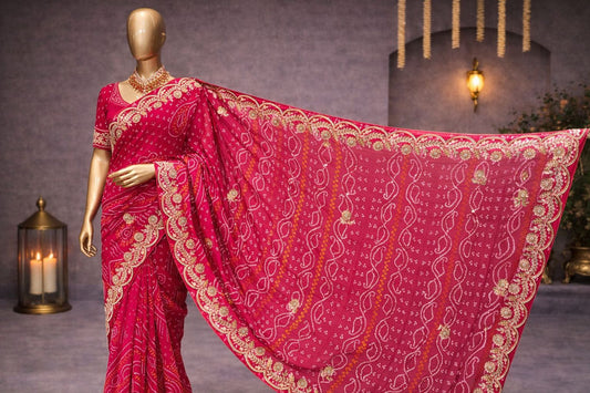 Festive Pink Bandhej Saree with Gotta Patti, Kundan & Zardozi Detailing
