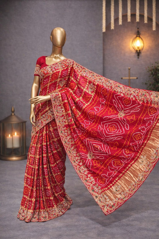 Traditional Red Gajji Silk Bandhej Saree with Gotta Patti & Zardozi Handwork