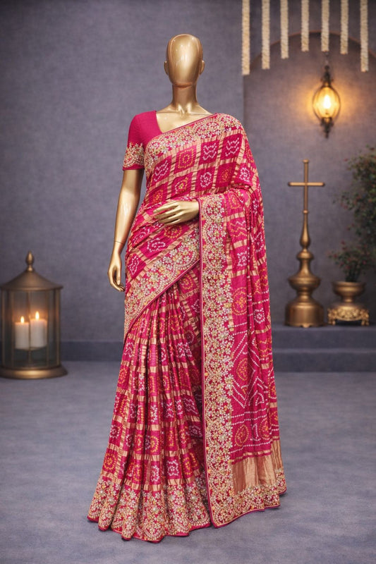 Pink Gajji Silk Bandhej Saree with Gotta Patti, Zardozi & Resham Detailing