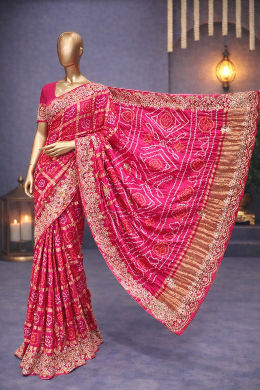 Pink Gajji Silk Bandhej Saree with Gotta Patti, Zardozi & Resham Detailing