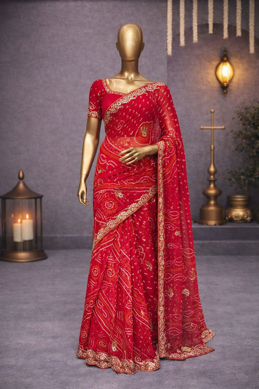 Classic Red Bandhej Saree in Georgette with Gotta Patti & Kundan Zardozi Work