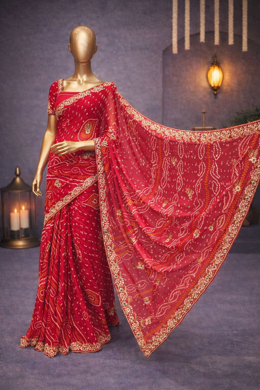 Classic Red Bandhej Saree in Georgette with Gotta Patti & Kundan Zardozi Work