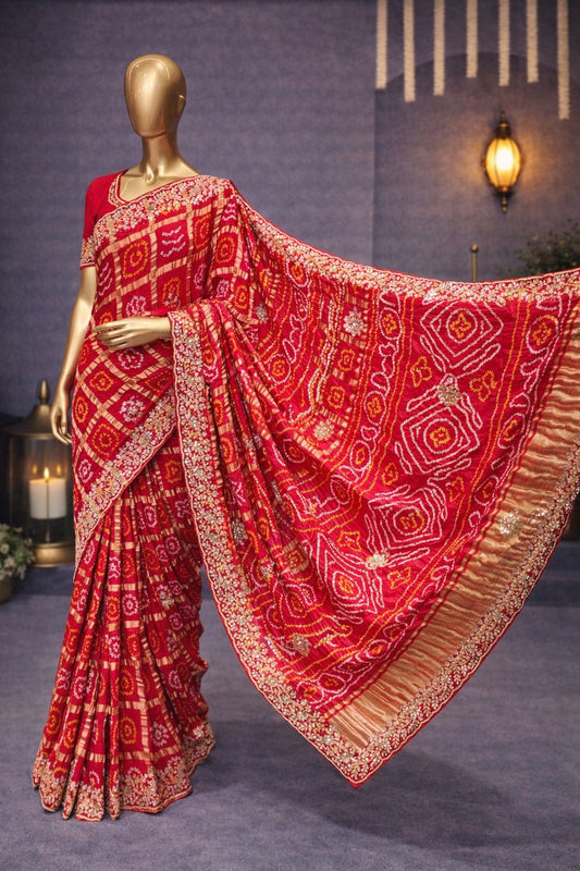 Red Gajji Silk Bandhej Saree with Gotta Patti, Zardozi & Kundan Handwork