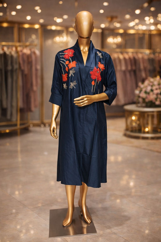Midnight Bloom Navy Blue Cotton Silk Tunic Dress with Elegant Beads Embroidery