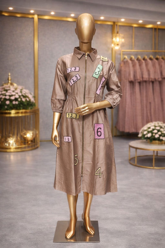 Chic Champagne Beige Cotton Silk Tunic Dress with Artistic Beads Patchwork