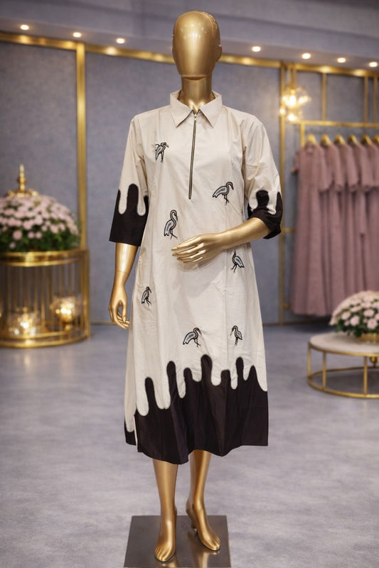 Ivory Cream Cotton Silk Tunic Dress with Sequin, Beads & Zardozi Bird Embroidery