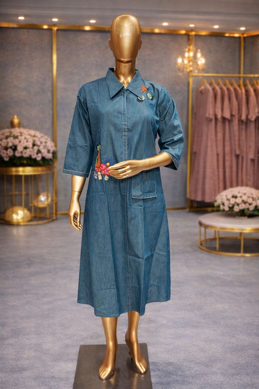 Dusty Blue Denim Tunic Dress with Playful Resham Embroidery Motifs