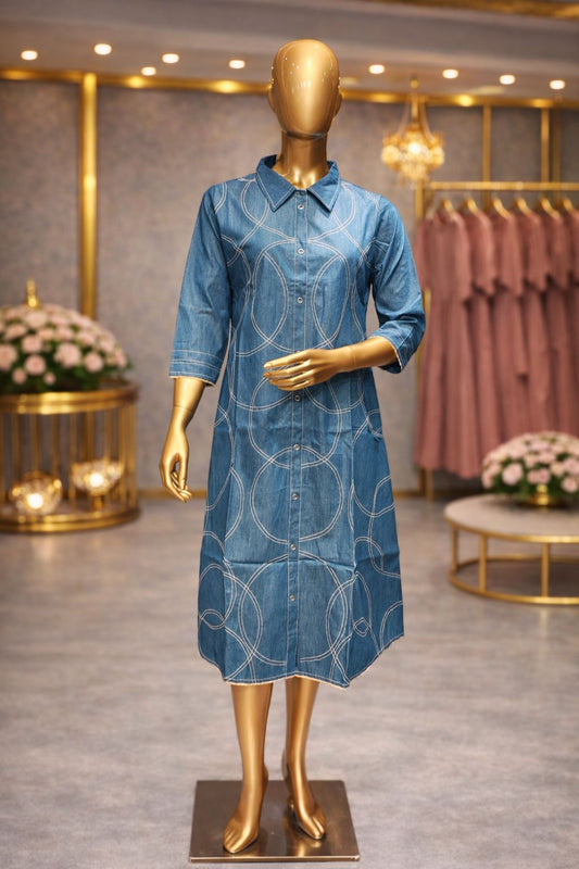 Classic Steel Blue Denim Tunic Dress with Contemporary Thread Work Patterns