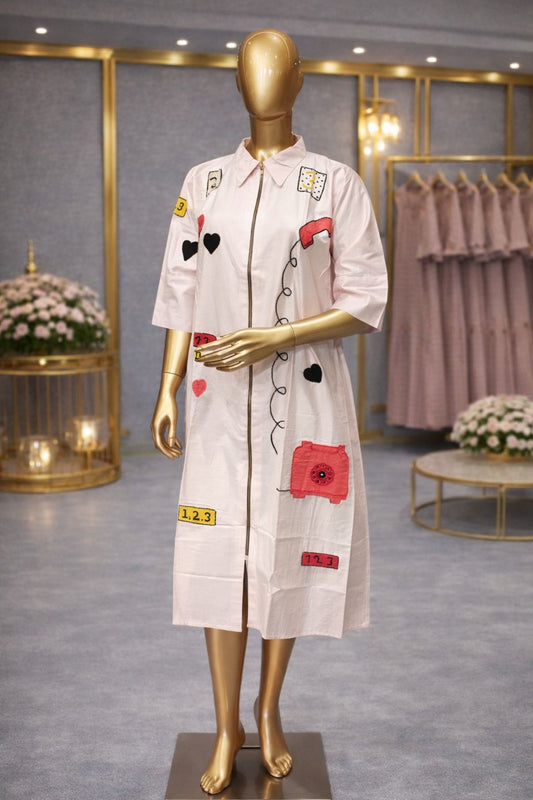 Blush Pink Cotton Silk Tunic Dress with Playful Beads Embellished Motifs