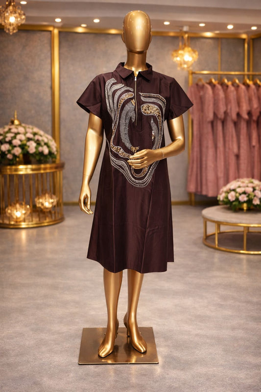 Rich Chocolate Brown Cotton Silk Tunic Dress with Antique Beads & Copper Sequin Embroidery
