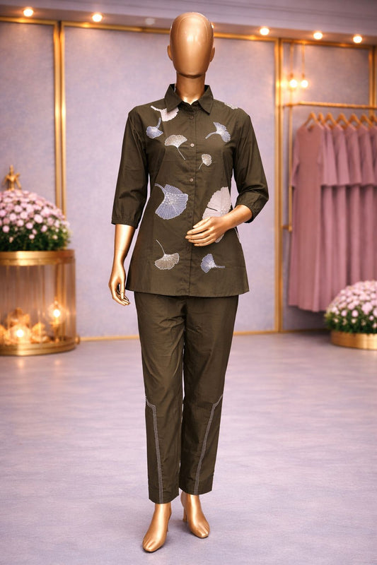 Olive Green Coat Set with Resham Applique & Beads Work