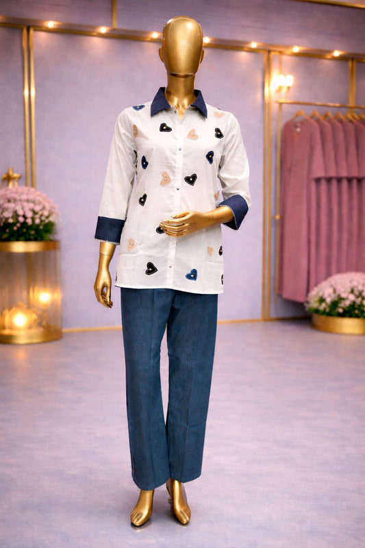 White & Denim Blue Casual Coat Set with Applique & Beads Work