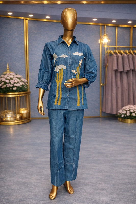 Denim Blue Casual Coat Set with Resham Embroidery, Kardana & Sequin Work